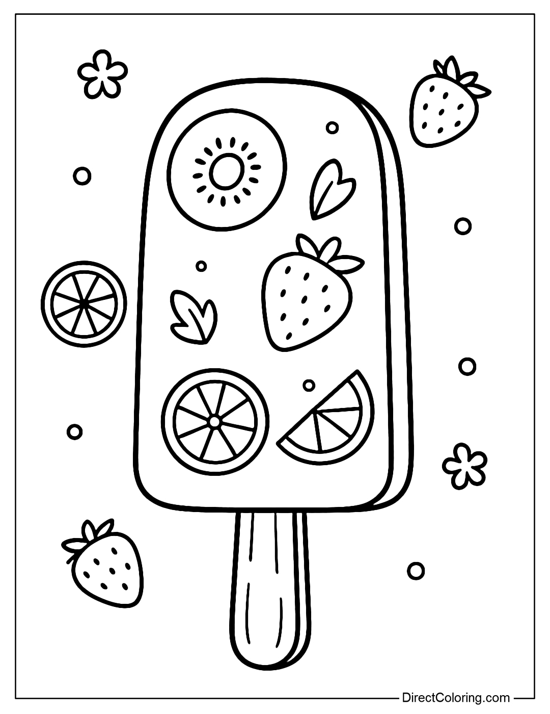 Coloring page of an ice cream with slices of kiwi, strawberry and orange inside the transparent layer of ice cream.